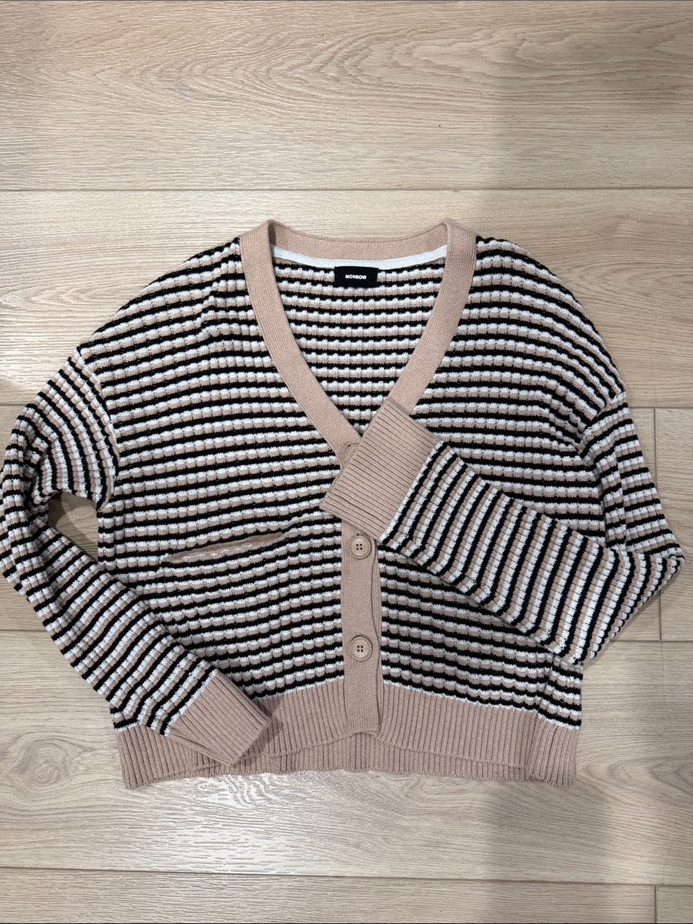 Monrow Striped V-Neck Button Cardigan - Beige, Black & White